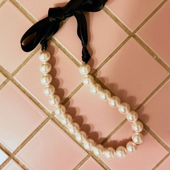 Jumbo Pearl Necklace with Black Ribbon Tie